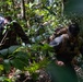 Two individuals in military-style camouflage uniforms and tactical gear are moving through dense jungle or forest terrain. Both are wearing face paint and carrying large rucksacks, suggesting a military training exercise or patrol operation. The environment is characterized by thick tropical vegetation with ferns, broad-leaf plants, and tall trees.