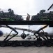 Military cargo loading operation at an airfield, showing personnel using a large scissor-lift loader to transfer netted military equipment onto a commercial or charter cargo aircraft. Two workers in military uniforms are visible on the elevated platform securing or arranging cargo pallets. The aircraft visible has partial markings consistent with a charter or contracted cargo carrier.
