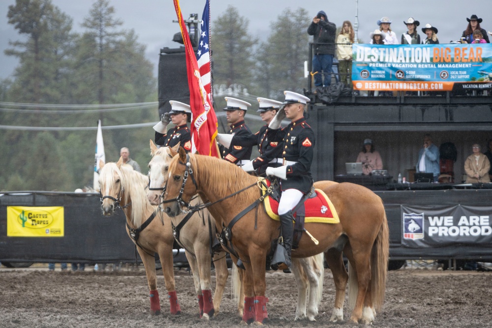U.S. Marine Corps Mounted Color Guard presents the colors for the Big Bear Rodeo