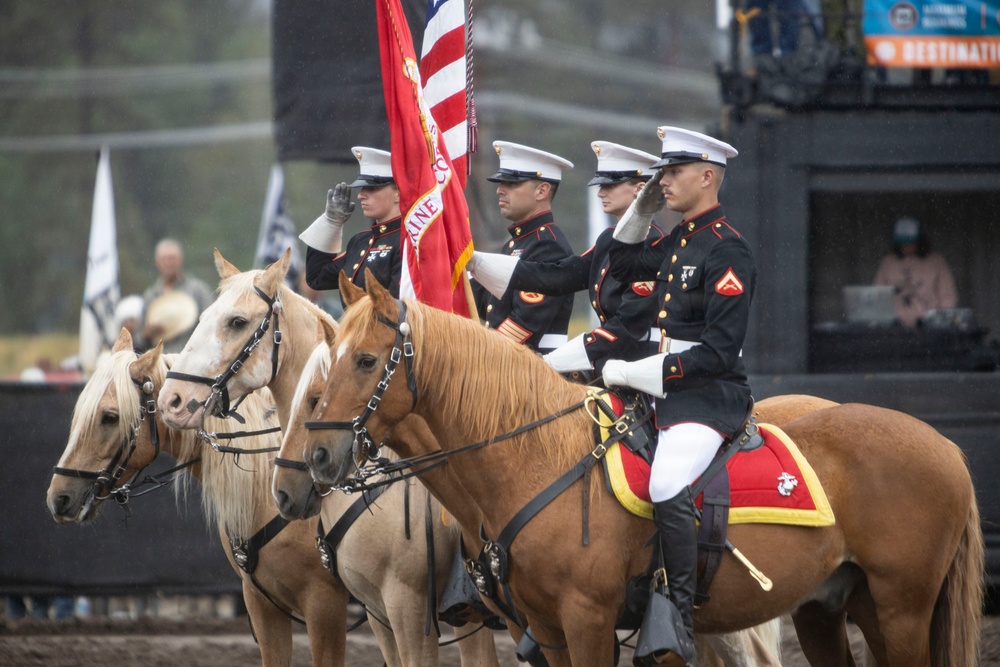 U.S. Marine Corps Mounted Color Guard presents the colors for the Big Bear Rodeo