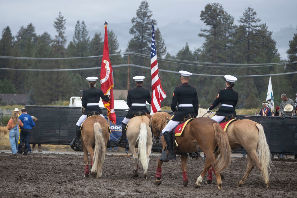 U.S. Marine Corps Mounted Color Guard presents the colors for the Big Bear Rodeo
