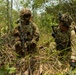 Two military personnel in full combat gear are positioned in a dense jungle or forest environment, appearing to be in a tactical crouch or kneeling position. Both soldiers are equipped with camouflage helmets, body armor, and assault rifles, suggesting a training exercise or patrol operation. The lush, overgrown vegetation and dry leaf ground cover indicate a tropical or subtropical environment.
