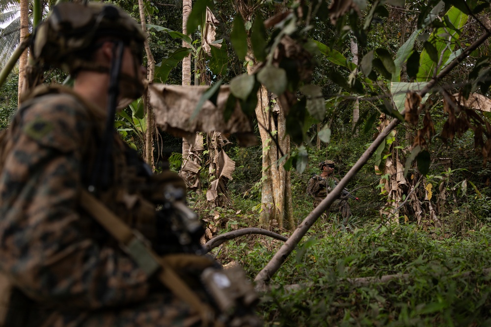 Two military personnel in camouflage uniforms and helmets are moving through dense tropical jungle vegetation. The foreground soldier is out of focus while a second soldier is visible in the middle distance among trees and foliage. The environment features tropical plants including banana trees and palm trees, suggesting a Southeast Asian or Pacific Island setting.
