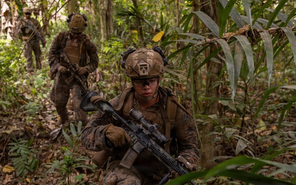 Three military personnel in full combat gear are conducting a patrol through dense jungle terrain. The lead soldier is in a crouched, tactical position holding an assault rifle with an optic scope, while two others follow behind in a column formation. The environment is a tropical forest with heavy undergrowth, fallen leaves, and dense vegetation.
