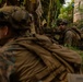 Two military personnel in MARPAT (Marine pattern) camouflage uniforms are positioned in a low prone or crouched stance among vegetation near a structure. The foreground soldier is equipped with a scoped rifle, while the background soldier appears to be aiming a weapon and wearing sunglasses. The setting suggests a training exercise or tactical operation in a semi-urban environment with tropical vegetation.