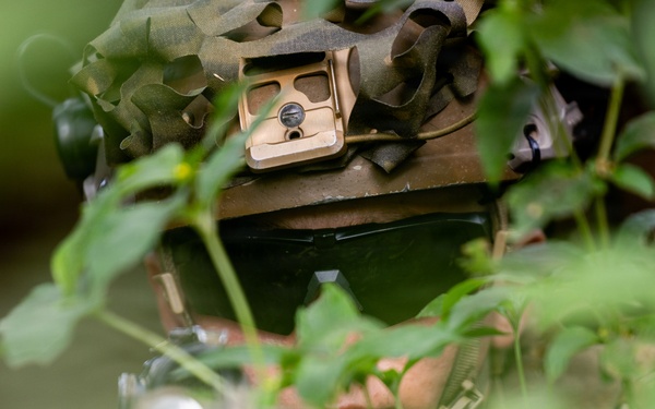 A soldier or military personnel is partially concealed among dense green foliage, wearing full tactical gear including a camouflaged helmet with a mounted accessory and dark protective eyewear. The subject appears to be in a surveillance or observation posture, blending into the natural environment. The shallow depth of field and foreground vegetation create a layered, partially obscured composition.