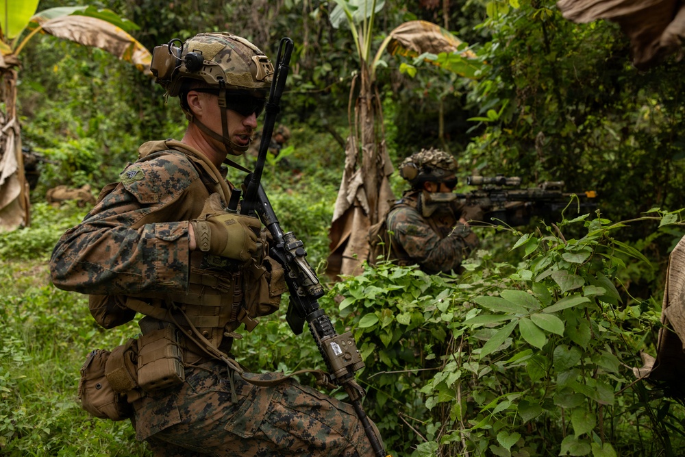 Two military personnel in MARPAT (Marine pattern) camouflage uniforms are conducting a patrol or tactical exercise in a dense jungle/tropical environment. The foreground soldier is in a kneeling security position while the background soldier is aiming their rifle. The lush green vegetation and banana trees suggest a tropical location, consistent with a training exercise or operational deployment.