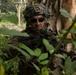 A soldier in full combat gear is positioned in dense jungle vegetation, holding a rifle in a ready stance. The individual is wearing MARPAT (Marine pattern) camouflage uniform, a tactical helmet with foliage camouflage cover and mounted equipment, and dark sunglasses. The setting appears to be a tropical jungle environment, consistent with a military training exercise or patrol operation.