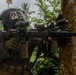 A soldier in full combat gear is taking a firing position behind a tree in a tropical environment. The individual is aiming down the scope of an assault rifle while using the tree as cover. The setting appears to be a jungle or tropical region based on the palm trees and dense vegetation visible in the background.