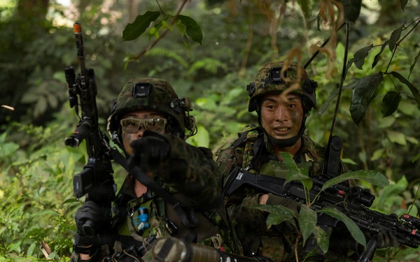 Two soldiers in woodland camouflage uniforms are positioned in dense jungle vegetation, appearing to be conducting a military training exercise or patrol. Both are armed and equipped with tactical gear including helmets, body armor, and communication equipment. Their posture and positioning suggest they are taking cover or conducting a reconnaissance halt.