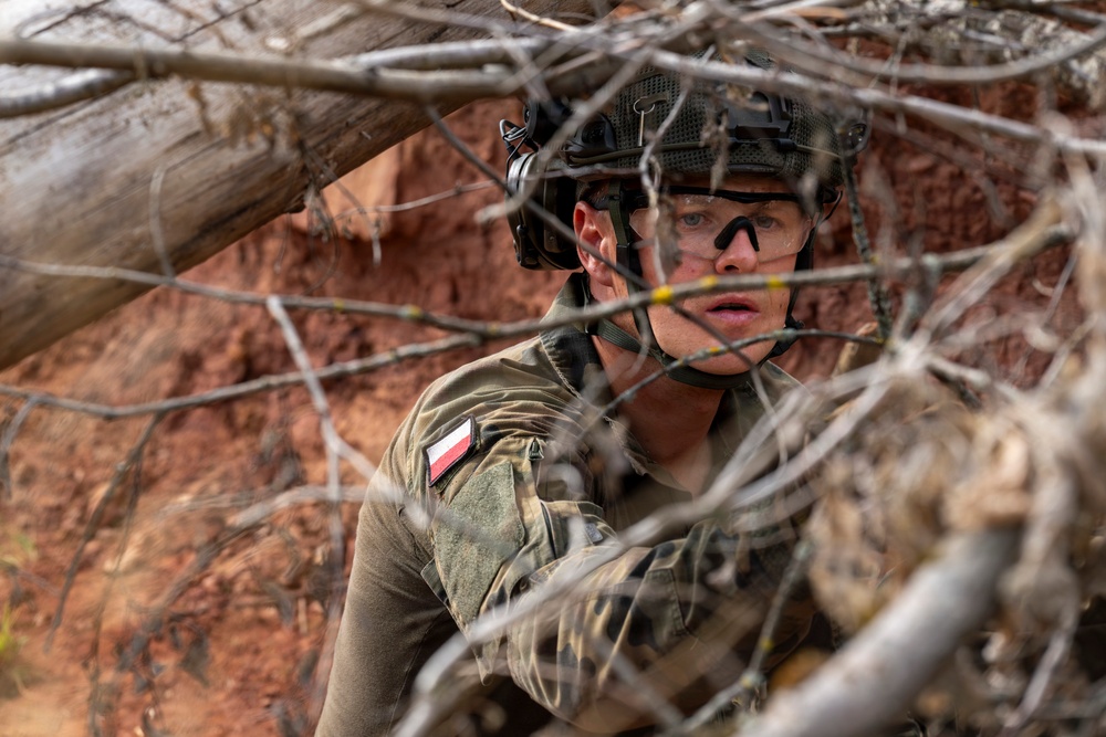 A soldier wearing Polish military uniform and tactical gear is positioned in a concealed observation post among dry branches and brush. The soldier appears alert and scanning the surroundings, with red rocky terrain visible in the background. The image was taken through tangled branches, creating a partially obscured perspective consistent with a field exercise or operational environment.