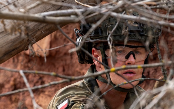 A soldier wearing Polish military uniform and tactical gear is positioned in a concealed observation post among dry branches and brush. The soldier appears alert and scanning the surroundings, with red rocky terrain visible in the background. The image was taken through tangled branches, creating a partially obscured perspective consistent with a field exercise or operational environment.