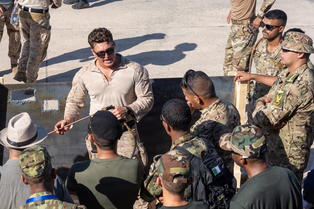 A military instructor in desert-pattern combat shirt and sunglasses appears to be conducting a briefing or demonstration for a multinational group of soldiers. The gathering includes personnel wearing various camouflage patterns and insignia, suggesting a joint or coalition training exercise. The setting appears to be an outdoor hardstand or port facility.