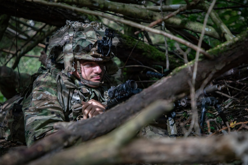 A soldier in full camouflage gear is positioned in a concealed prone or low-crouch position among fallen logs and dense woodland vegetation. The soldier is holding a rifle with an optical scope and appears to be observing or maintaining a defensive position. The setting suggests a field training exercise or tactical reconnaissance operation in a forested environment.