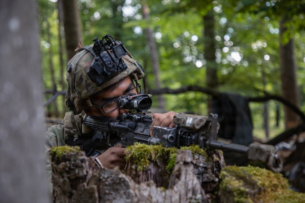 A soldier in camouflage uniform is positioned behind a moss-covered log or stump in a forested environment, aiming a rifle with an optical scope. The soldier is wearing a tactical helmet equipped with night vision device mounts and is using glasses beneath the rifle scope. The setting appears to be a military training exercise or field operation in a deciduous forest.