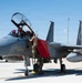 A military aircraft technician in camouflage uniform is performing maintenance or pre-flight checks on an F-15 Eagle fighter jet on a flight line. The canopy is open and a maintenance ladder with a red cover is positioned at the cockpit. The scene appears to be at a U.S. Air Force base under clear blue skies.