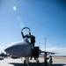 A military pilot is climbing out of the cockpit of an F-15 Eagle fighter jet on a flight line at what appears to be a desert air base. Two ground crew members stand near the aircraft, likely conducting post-flight procedures. The image is taken under bright, clear skies with lens flare visible from direct sunlight.