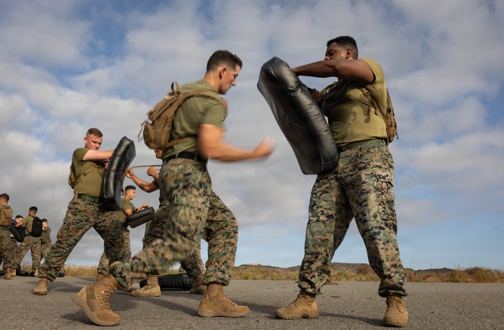 A group of military personnel, appearing to be U.S. Marines based on their MARPAT camouflage uniforms, are engaged in a close-combat or martial arts training exercise on a paved outdoor surface. Trainees are using large black padded shields during what appears to be a striking or combatives drill. The image is taken from a low angle, capturing dynamic movement with some motion blur on the foreground figure.