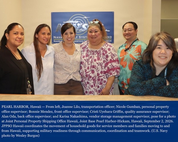 A group of six civilian employees pose for an official U.S. Navy photo at the Joint Personal Property Shipping Office (JPPSO) Hawaii, located at Joint Base Pearl Harbor-Hickam, Hawaii. The photo was taken on September 2, 2026, and features staff members identified in the caption below the image. The organization coordinates household goods movement for military service members and families.