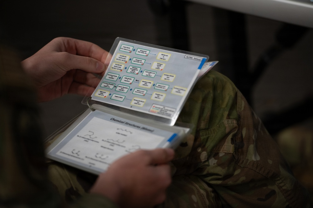 A person wearing military camouflage (OCP/MultiCam pattern) is holding open a laminated reference booklet or flip-card set. The visible pages show a chemical flowchart/reaction diagram and a page titled 'Chemical Structures (Blister)' with molecular structure drawings. This appears to be a military CBRN (Chemical, Biological, Radiological, Nuclear) training reference material.