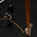 An aerial top-down view of military personnel conducting a rappelling or rope descent training exercise. One soldier is positioned at the edge of a structure holding an orange rappelling rope/strap, while two others on the ground manage orange guide ropes and a coiled green rope. The image is taken from an elevated vantage point, likely from the top of the training structure.