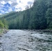 A fast-moving mountain river flows through a dense coniferous forest, with rocky shorelines on both sides. The scene depicts a wild, undisturbed natural landscape with forested hillsides rising in the background. The water shows visible white-water turbulence, suggesting a strong current over a rocky riverbed.