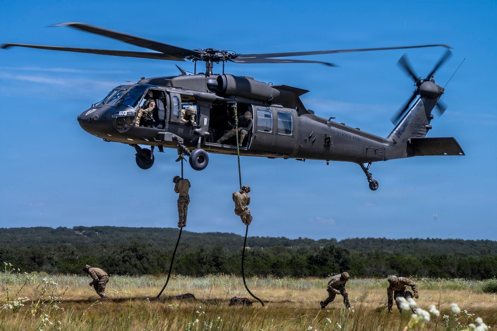 A United States Army UH-60 Black Hawk helicopter hovers low over an open field while soldiers conduct fast-rope insertion/extraction (FRIES) training. Multiple soldiers are actively rappelling down ropes from the aircraft while others have already landed and are moving away on the ground. The setting appears to be a military training area with open grassland and tree lines in the background.