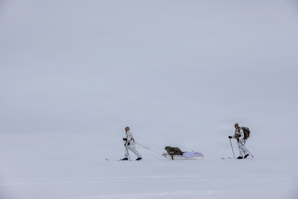 Two individuals in white winter camouflage gear are cross-country skiing across a flat, snow-covered terrain under an overcast sky. The lead skier is pulling a loaded pulk (sled) behind them using a tow line. The scene suggests a military arctic training exercise or polar expedition.