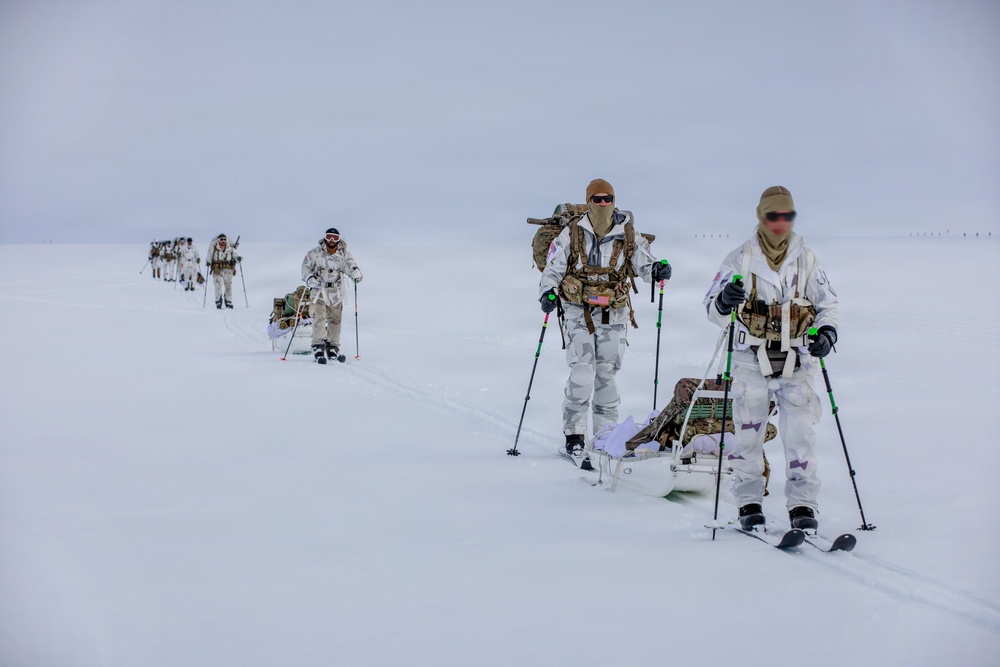 A column of military personnel in white winter camouflage uniforms are skiing across a snow-covered terrain, pulling supply sleds behind them. They are equipped with tactical gear, backpacks, and ski poles with green-tipped handles. The formation stretches into the distance under an overcast sky, suggesting a cold-weather military training exercise or operation.
