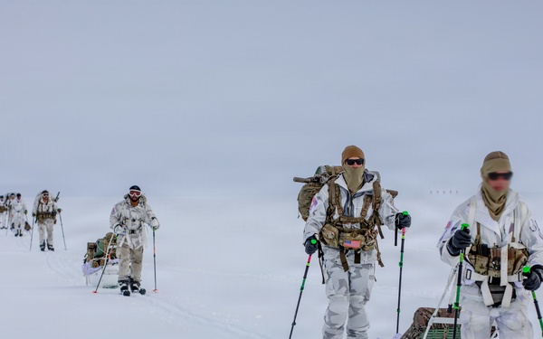 A column of military personnel in white winter camouflage uniforms are skiing across a snow-covered terrain, pulling supply sleds behind them. They are equipped with tactical gear, backpacks, and ski poles with green-tipped handles. The formation stretches into the distance under an overcast sky, suggesting a cold-weather military training exercise or operation.