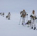A column of military personnel in white winter camouflage uniforms are skiing across a snow-covered terrain, pulling supply sleds behind them. They are equipped with tactical gear, backpacks, and ski poles with green-tipped handles. The formation stretches into the distance under an overcast sky, suggesting a cold-weather military training exercise or operation.