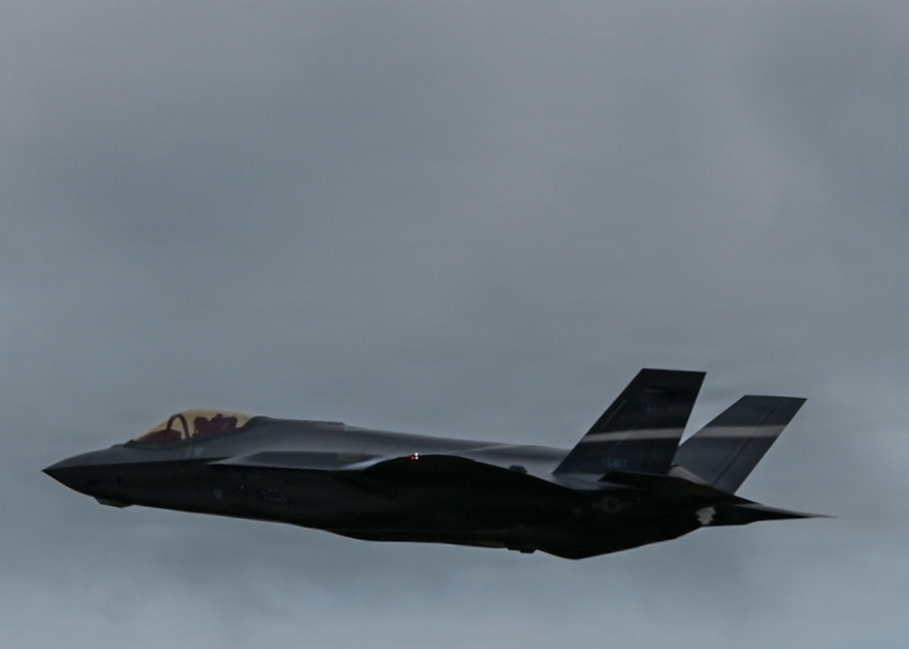 A single military stealth fighter jet is captured in low-level flight against an overcast gray sky. The aircraft displays characteristic stealth design features including angular surfaces, a single-seat cockpit, and canted twin tail fins. The image was taken in dim, flat lighting conditions which reduces overall contrast and detail.