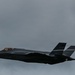 A single military stealth fighter jet is captured in low-level flight against an overcast gray sky. The aircraft displays characteristic stealth design features including angular surfaces, a single-seat cockpit, and canted twin tail fins. The image was taken in dim, flat lighting conditions which reduces overall contrast and detail.