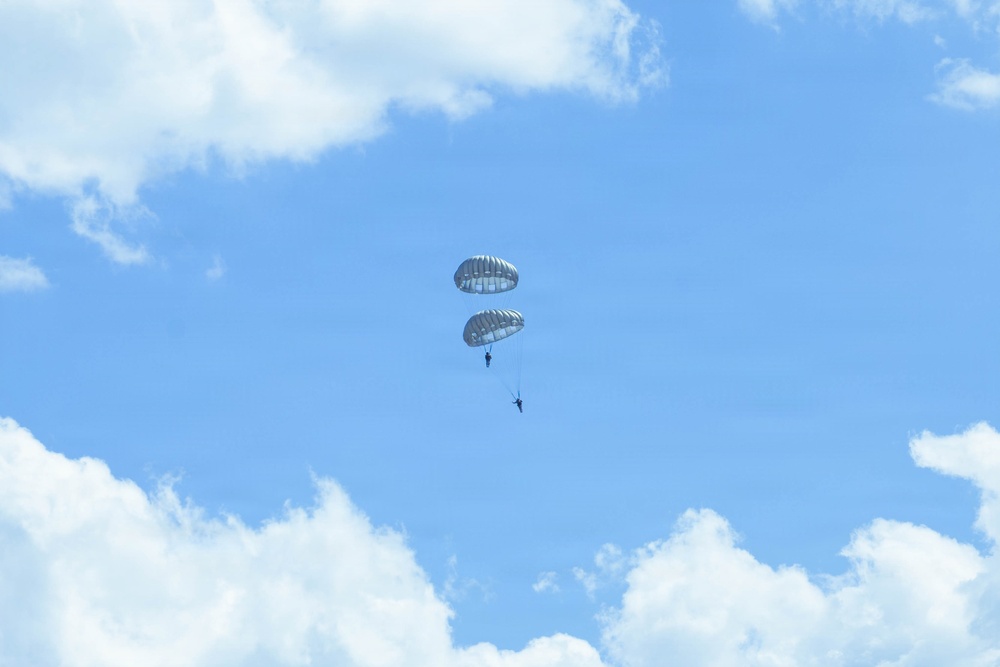Two parachutists are descending through a partly cloudy blue sky, each under their own round canopy parachute. The parachutes appear to be military-style round canopies in a gray/olive color. The subjects are at significant altitude and relatively small in the frame against the expansive sky.