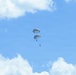 Two parachutists are descending through a partly cloudy blue sky, each under their own round canopy parachute. The parachutes appear to be military-style round canopies in a gray/olive color. The subjects are at significant altitude and relatively small in the frame against the expansive sky.