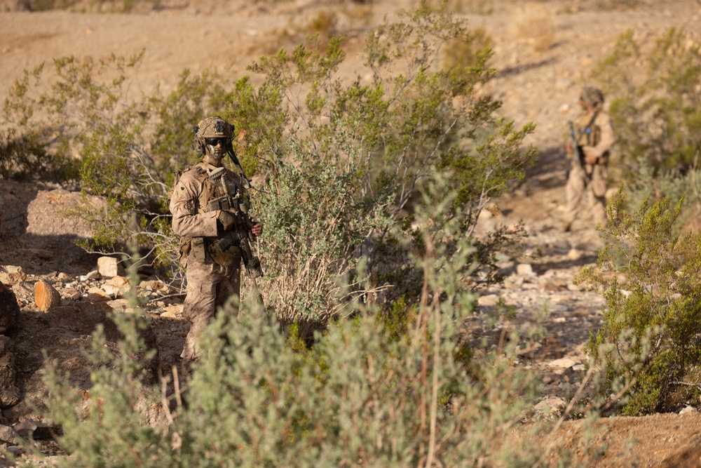 Two military personnel in desert camouflage uniforms are positioned in an arid, scrubland terrain. The foreground soldier is clearly visible wearing full combat gear including helmet, body armor, and carrying a weapon. A second soldier is visible in the background, slightly out of focus.