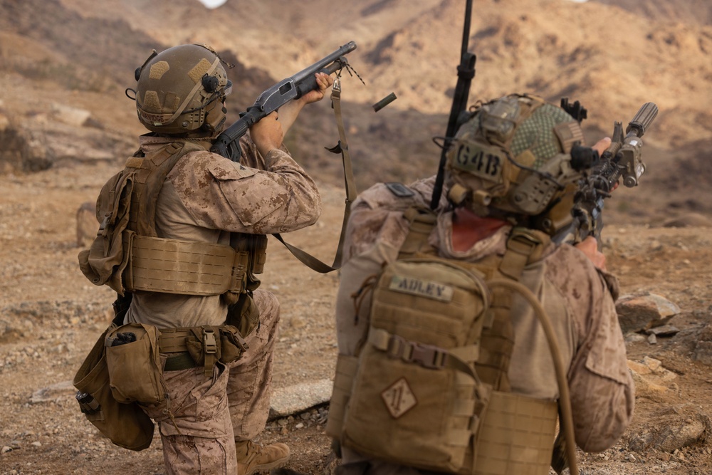 Two military personnel in desert camouflage uniforms are engaged in a tactical exercise in an arid, rocky terrain. The soldier on the left is aiming a shotgun upward while the soldier on the right, identified by name tape 'ADLEY' and helmet marking 'G4B', appears to be communicating or calling out. Both are equipped with full tactical gear including body armor, helmets, and radio antennas.