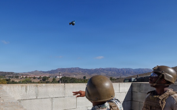 Two military personnel in combat gear are positioned behind a concrete block wall, with one individual appearing to throw or launch a small object into the air. The scene takes place at what appears to be a military training facility with desert terrain and mountains visible in the background. A small dark object is visible in mid-air above the wall, consistent with a thrown training device or grenade simulator.