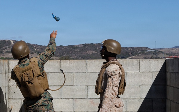 Two military personnel in combat uniforms and helmets are conducting a grenade throwing exercise at what appears to be a training facility. One soldier is in the act of throwing a blue training grenade over a concrete block wall while the other observes. The setting includes a hilly, arid landscape consistent with a military training base in the western United States.