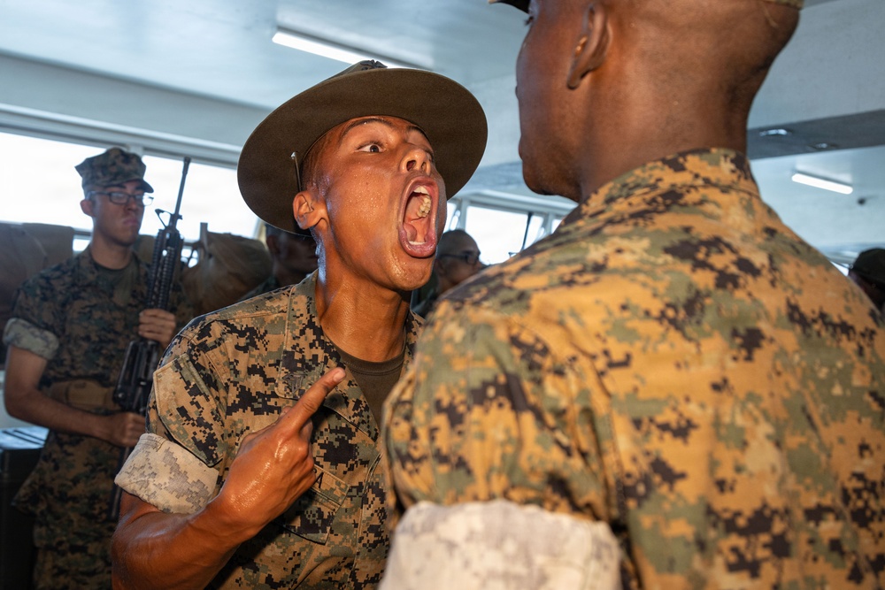 A U.S. Marine drill instructor wearing a distinctive campaign cover (drill sergeant hat) is shouting directly at a recruit during what appears to be a military training or boot camp scenario. The drill instructor is visibly sweating and gesturing with a pointed finger toward the recruit's chest. Additional Marines in MARPAT camouflage uniforms are visible in the background.