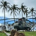 A military helicopter marked with the number '5' is displayed on a grassy area, likely a static display or monument, surrounded by storm damage including a uprooted palm tree in the foreground. The scene suggests recent severe weather, possibly a typhoon or hurricane, evidenced by downed vegetation, debris, and palm trees bent by wind in the background. The setting appears to be a tropical location, possibly a military base or memorial park.