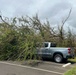 A gray Chevrolet pickup truck is partially covered by a large fallen tree in a parking lot, likely the result of a severe storm or high winds. The tree has toppled onto the truck's cab and bed area, with branches and foliage spread across the vehicle. The overcast, dark sky in the background is consistent with post-storm conditions.
