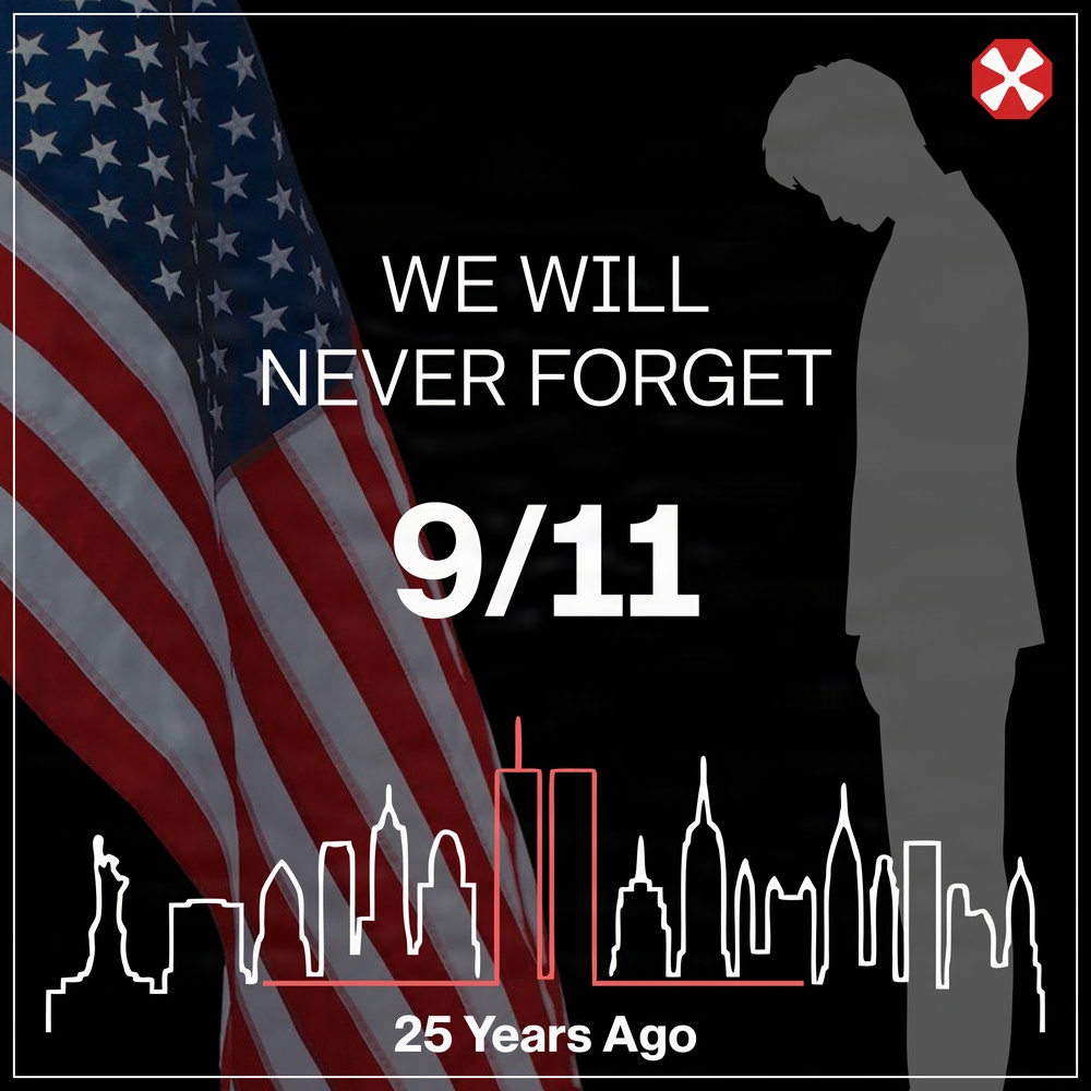 A memorial graphic commemorating the September 11, 2001 attacks, stating '25 Years Ago' which would place its creation in 2026. The image features an American flag, a bowed silhouette figure, and a New York City skyline outline with the Twin Towers highlighted in red. A logo resembling HSBC's hexagon emblem appears in the top right corner.