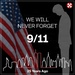 A memorial graphic commemorating the September 11, 2001 attacks, stating '25 Years Ago' which would place its creation in 2026. The image features an American flag, a bowed silhouette figure, and a New York City skyline outline with the Twin Towers highlighted in red. A logo resembling HSBC's hexagon emblem appears in the top right corner.
