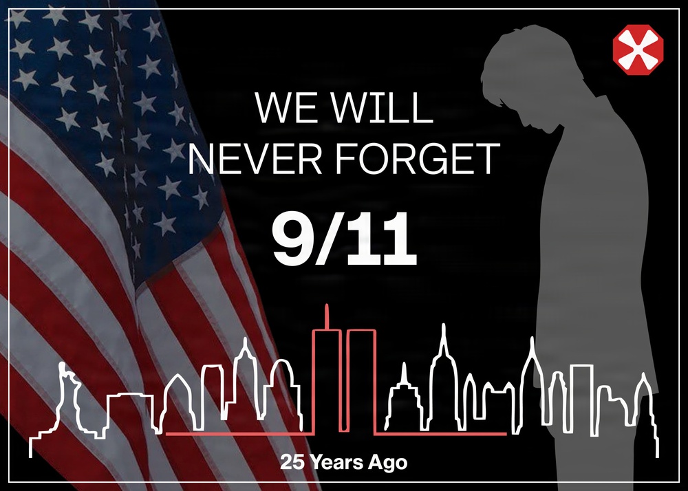 A memorial graphic commemorating the September 11, 2001 attacks, stating '25 Years Ago' which would place its creation in 2026. It features the text 'WE WILL NEVER FORGET 9/11' overlaid on an American flag background, with a silhouette of a bowing figure and a New York City skyline outline highlighting the Twin Towers in red. A logo resembling the HSBC emblem appears in the upper right corner.