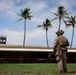 A fully equipped military soldier in desert camouflage (MARPAT pattern) stands on a grass field facing away from the camera, observing a low-profile building with red support columns. The tropical setting is indicated by several tall coconut palm trees and a warm, partly cloudy sky. The scene appears to be a military training exercise or security patrol at a tropical installation.