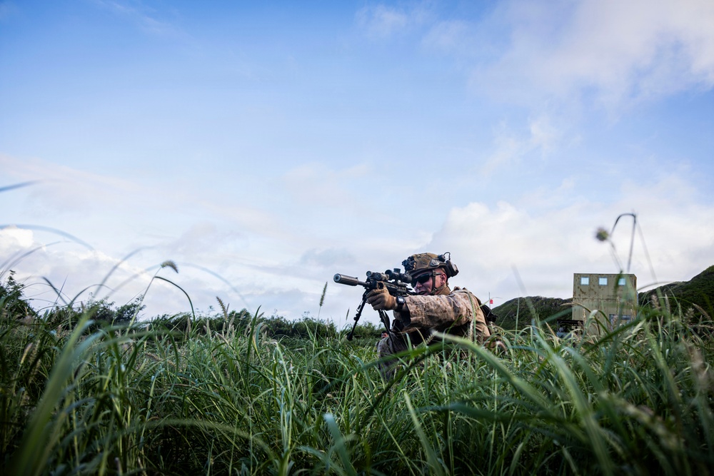 A military service member in full combat gear is positioned low in tall grass, aiming a suppressed rifle with an optical scope. The soldier appears to be in a training or operational environment, using the vegetation as concealment. A structure and what appears to be a target or marker are visible in the background to the right.