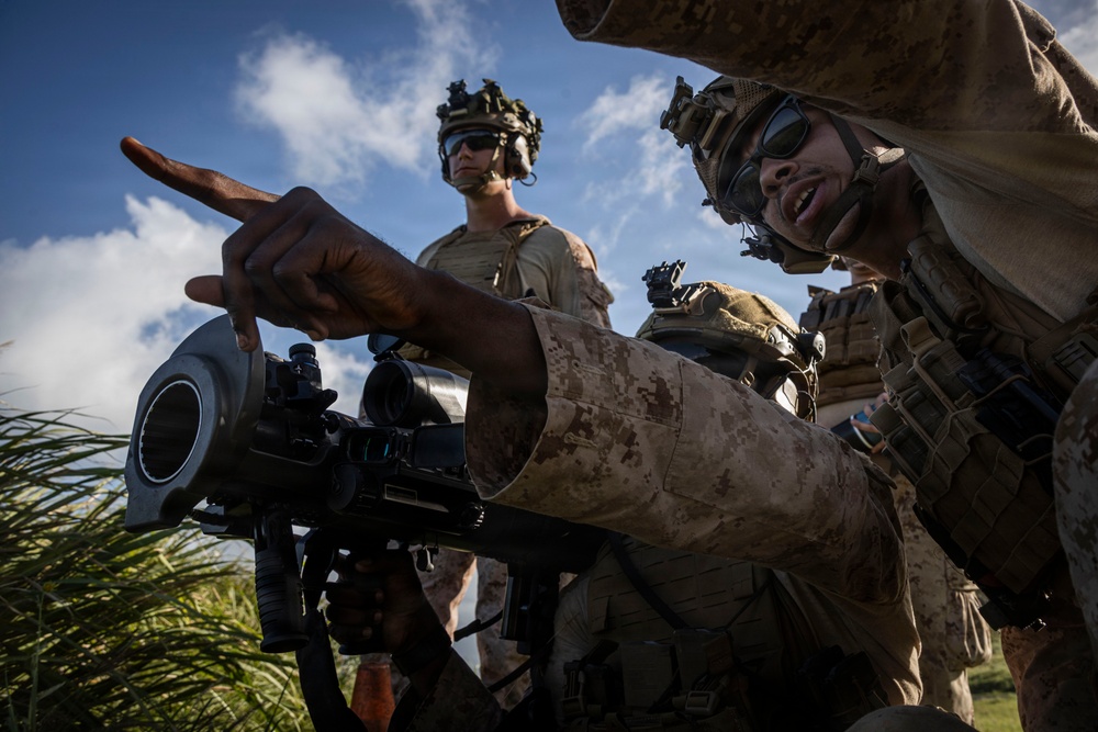 Military personnel in desert MARPAT camouflage uniforms are gathered around a crew-served weapon system, with one soldier pointing toward a target or direction of interest. The personnel are equipped with tactical gear including helmets with night-vision mounts, plate carriers, and sunglasses. The setting appears to be an outdoor training or operational environment with vegetation and a partly cloudy sky visible.