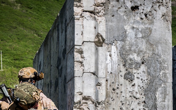Two military personnel in desert camouflage uniforms are positioned at the corner of a concrete wall, with one aiming a rifle in a tactical shooting stance. The setting appears to be a military training range, evidenced by the bullet-pocked concrete structures and controlled environment. The soldiers are equipped with full combat gear including tactical helmets, body armor, and optical accessories.