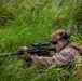 A military service member in desert MARPAT camouflage is in a prone firing position concealed within tall green grass. The individual is aiming a rifle equipped with an optical scope and tactical accessories. The setting appears to be a field training exercise or operational environment.